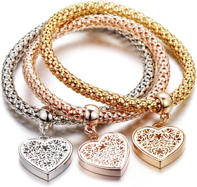 SILANER Crystal Charms Multilayer Bracelets - 3PCS Gold/Silver/Rose Gold Corn Chain Bracelet for Women, Tree of Life Heart Shaped Stretch Bracelet - Image 1
